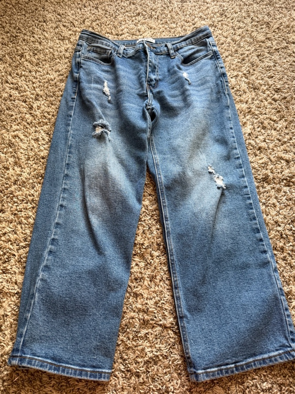 High-Rise Wide Leg Distressed Jeans - Blue
